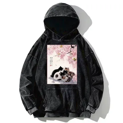 Tokyo-Tiger Cute Cats Sakura Garden Washed Hoodie