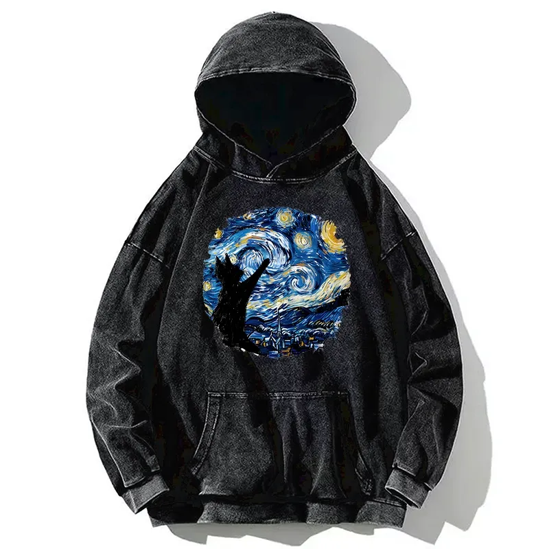 Tokyo-Tiger Starry Night Black Cat Washed Hoodie Sale
