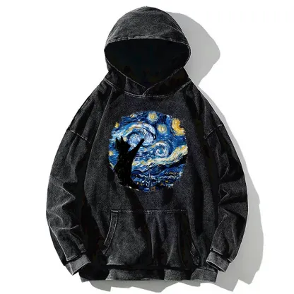 Tokyo-Tiger Starry Night Black Cat Washed Hoodie