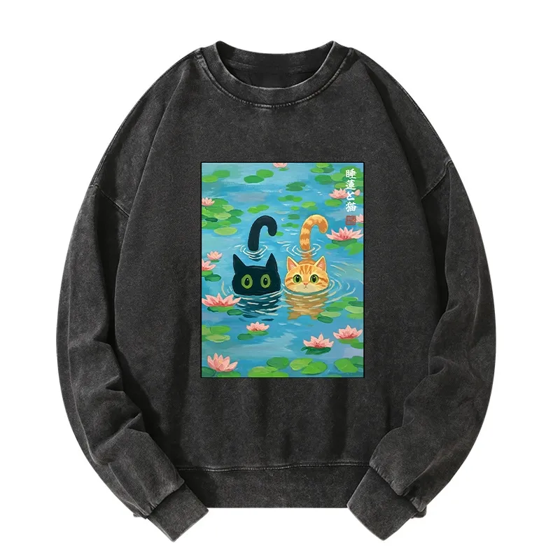 Tokyo-Tiger Cats In The Lotus Pond Washed Sweatshirt