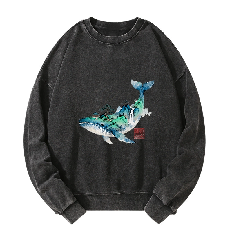 Tokyo-Tiger Whale Ink Painting Landscape Washed Sweatshirt