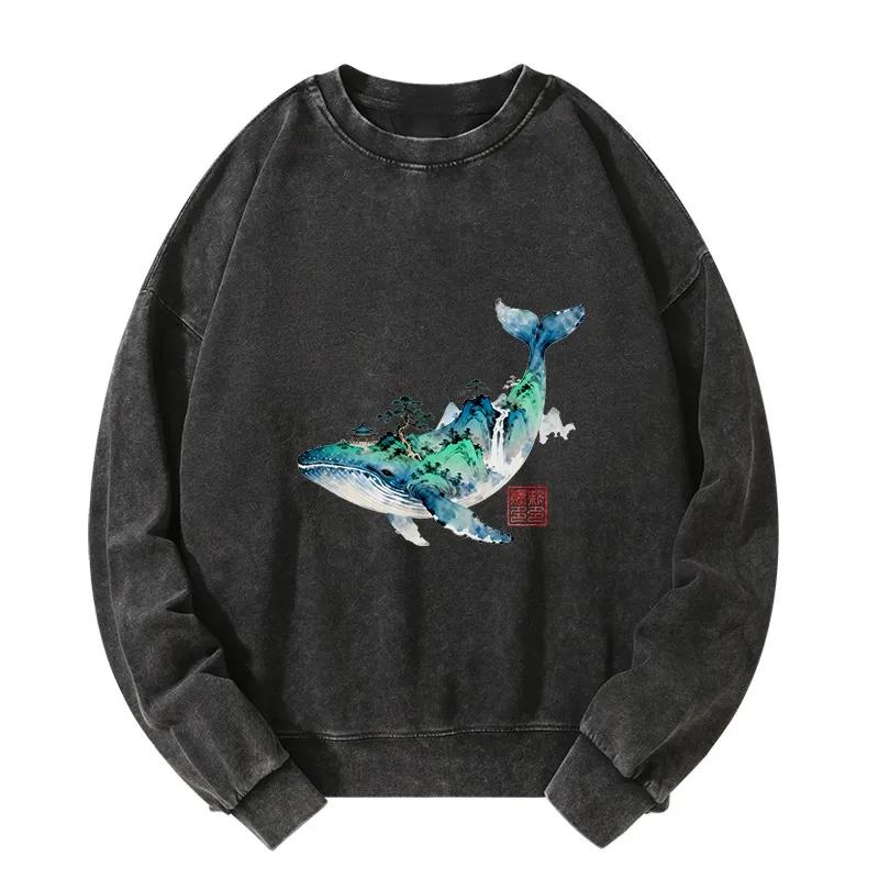 Tokyo-Tiger Whale Ink Painting Landscape Washed Sweatshirt