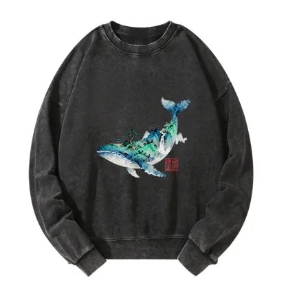 Tokyo-Tiger Whale Ink Painting Landscape Washed Sweatshirt