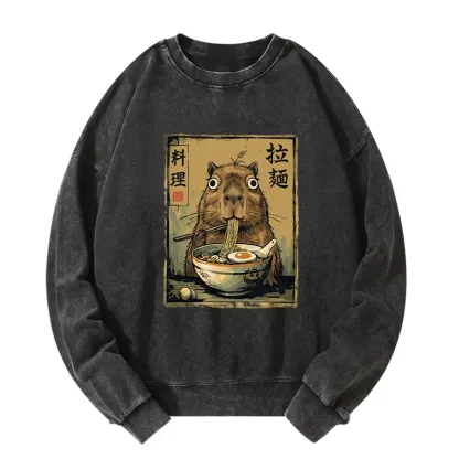 Tokyo-Tiger Cute Capybara Eating Ramen Washed Sweatshirt