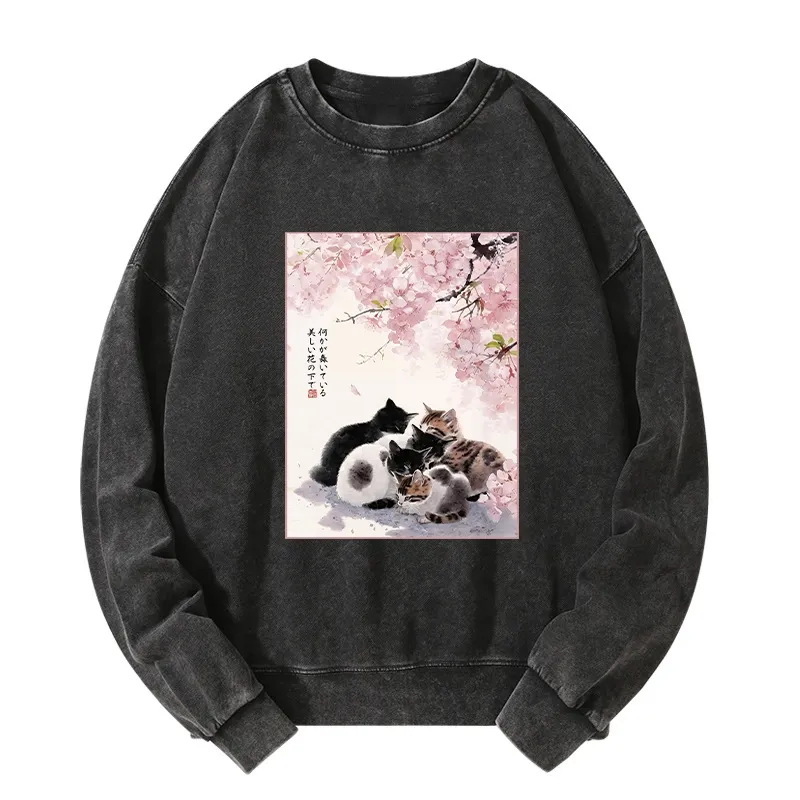 Tokyo-Tiger Cute Cats Sakura Garden Washed Sweatshirt Sale