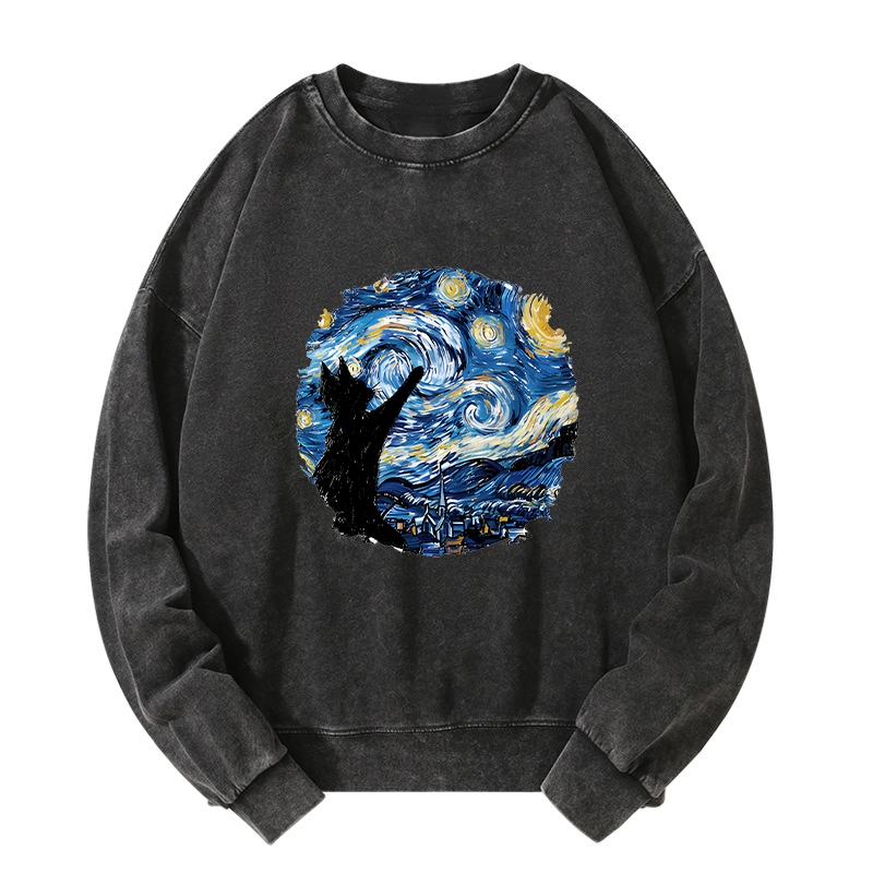Tokyo-Tiger Starry Night Black Cat Washed Sweatshirt
