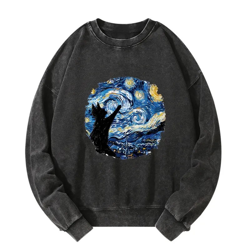 Tokyo-Tiger Starry Night Black Cat Washed Sweatshirt Sale