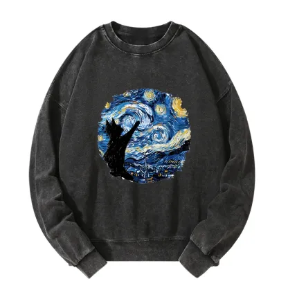 Tokyo-Tiger Starry Night Black Cat Washed Sweatshirt