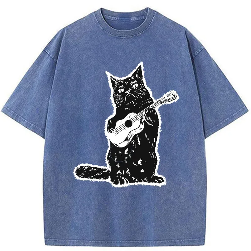 Tokyo-Tiger Cat Playing Guitar Washed T-Shirt