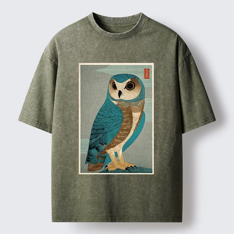 Tokyo-Tiger Vintage Owl Woodblock Art Washed T-Shirt
