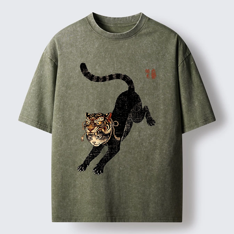 Tokyo-Tiger Cat With Tiger Mask Cool Art Washed T-Shirt