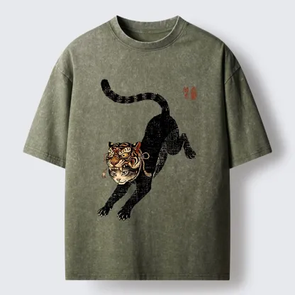 Tokyo-Tiger Cat With Tiger Mask Cool Art Washed T-Shirt
