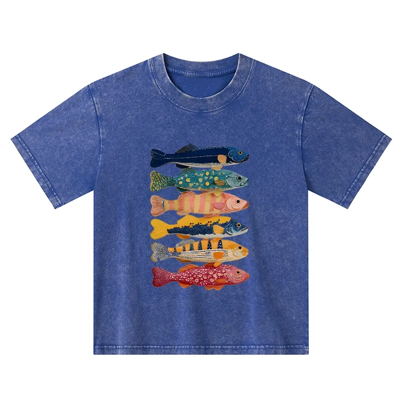 Tokyo-Tiger Colorful Fish Art Collection Kids Washed T-Shirt