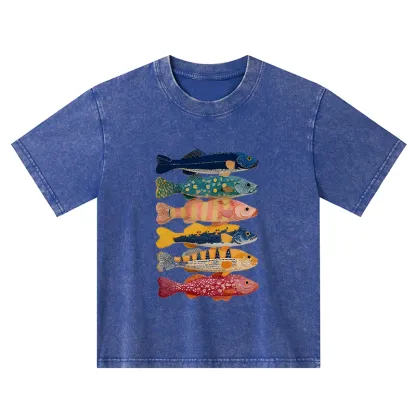 Tokyo-Tiger Colorful Fish Art Collection Kids Washed T-Shirt