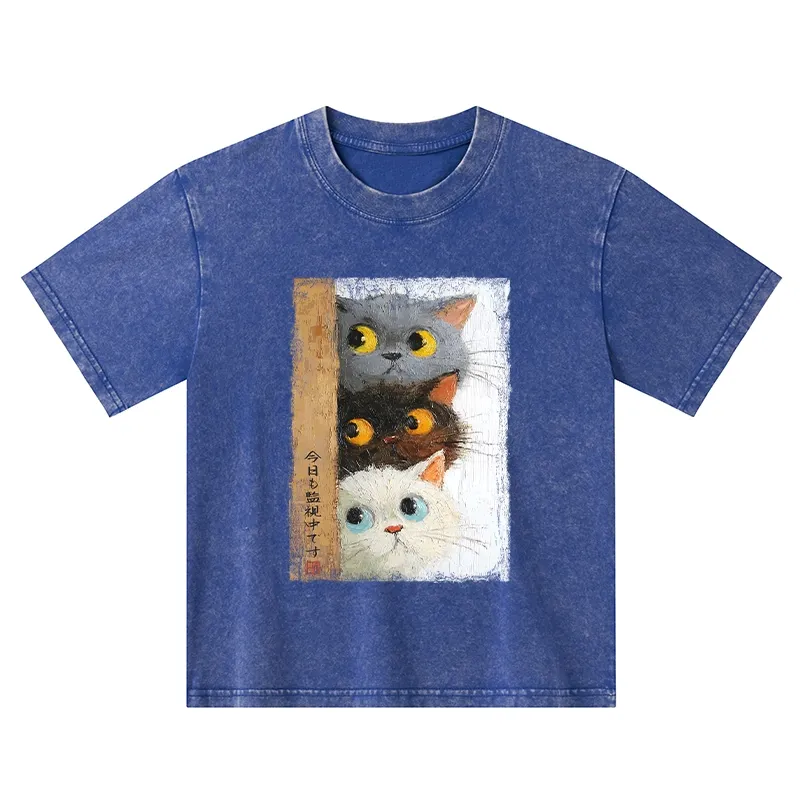 Tokyo-Tiger Three Cute Cats Watch You Kids Washed T-Shirt
