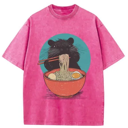 Tokyo-Tiger Hamster Eating Ramen Washed T-Shirt