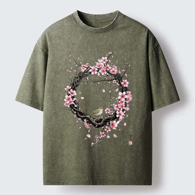 Tokyo-Tiger Sakura Wreath And Little Bird Washed T-Shirt