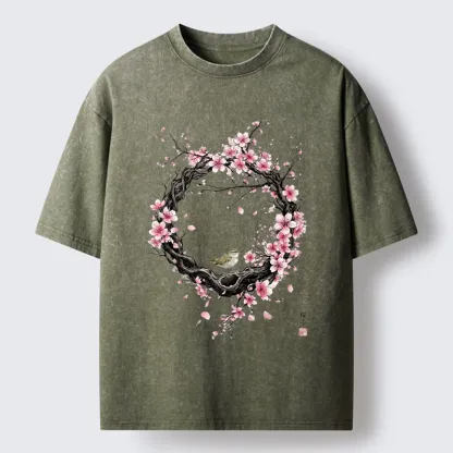 Tokyo-Tiger Sakura Wreath And Little Bird Washed T-Shirt