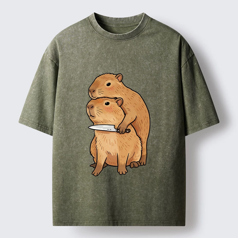 Tokyo-Tiger Capybara With Knife Funny Meme Washed T-Shirt