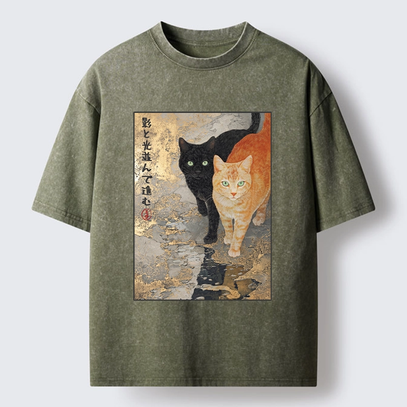 Tokyo-Tiger Japanese Gold Leaf Cat Print Meme Washed T-Shirt