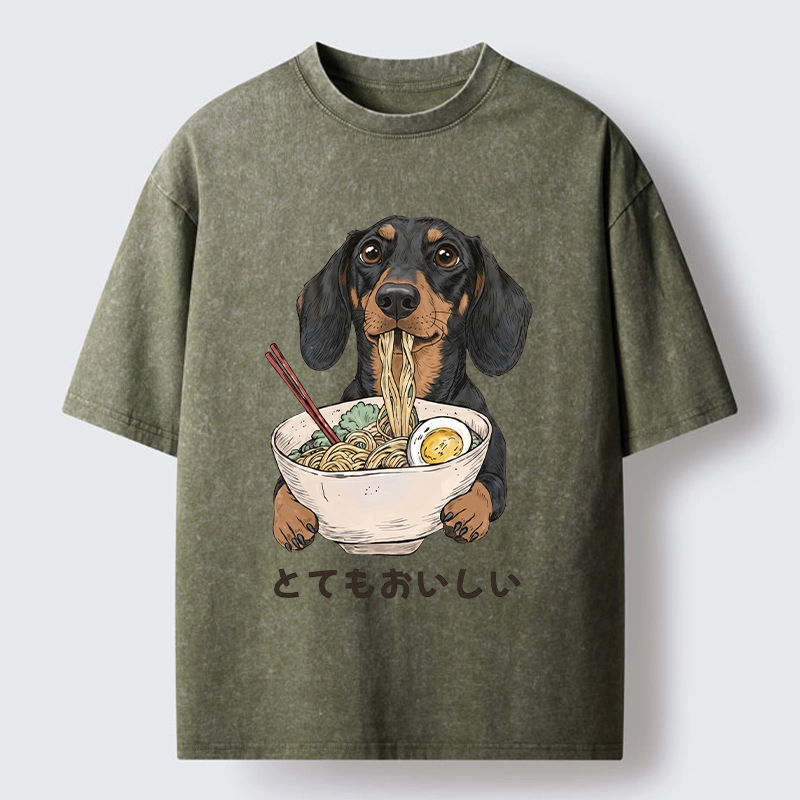 Tokyo-Tiger Cute Dog Eating Noodles Art Meme Washed T-Shirt