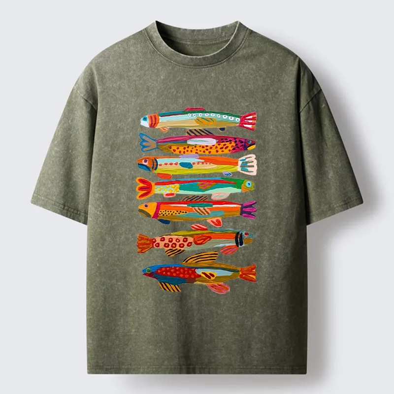 Tokyo-Tiger Colorful Fish Folk Art Print Washed T-Shirt