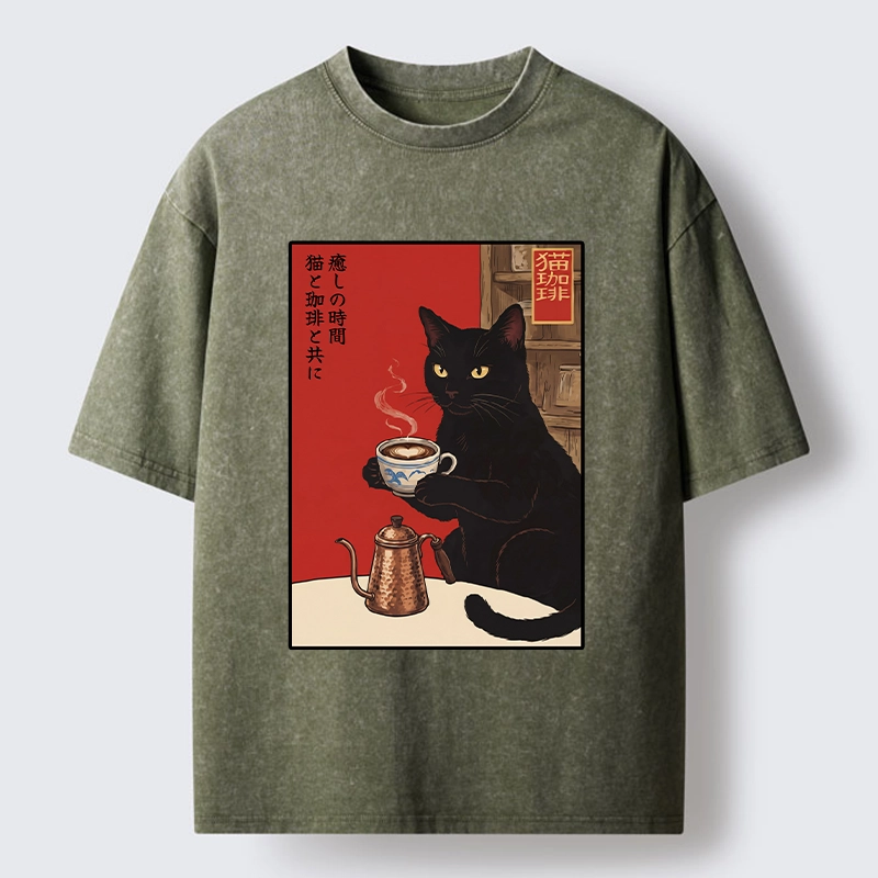 Tokyo-Tiger Cat Coffee Time Japanese Print Washed T-Shirt