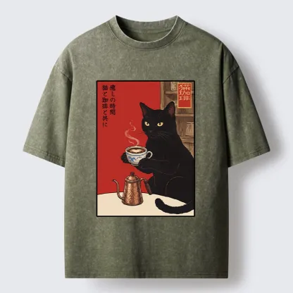 Tokyo-Tiger Cat Coffee Time Japanese Print Washed T-Shirt