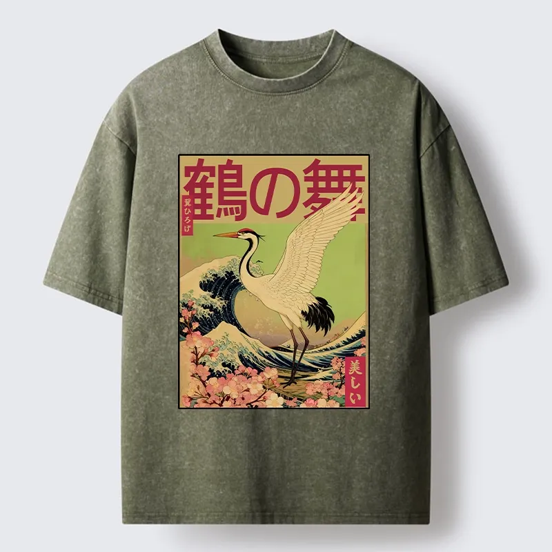 Tokyo-Tiger Japanese Crane And Wave Art Washed T-Shirt