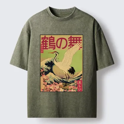 Tokyo-Tiger Japanese Crane And Wave Art Washed T-Shirt