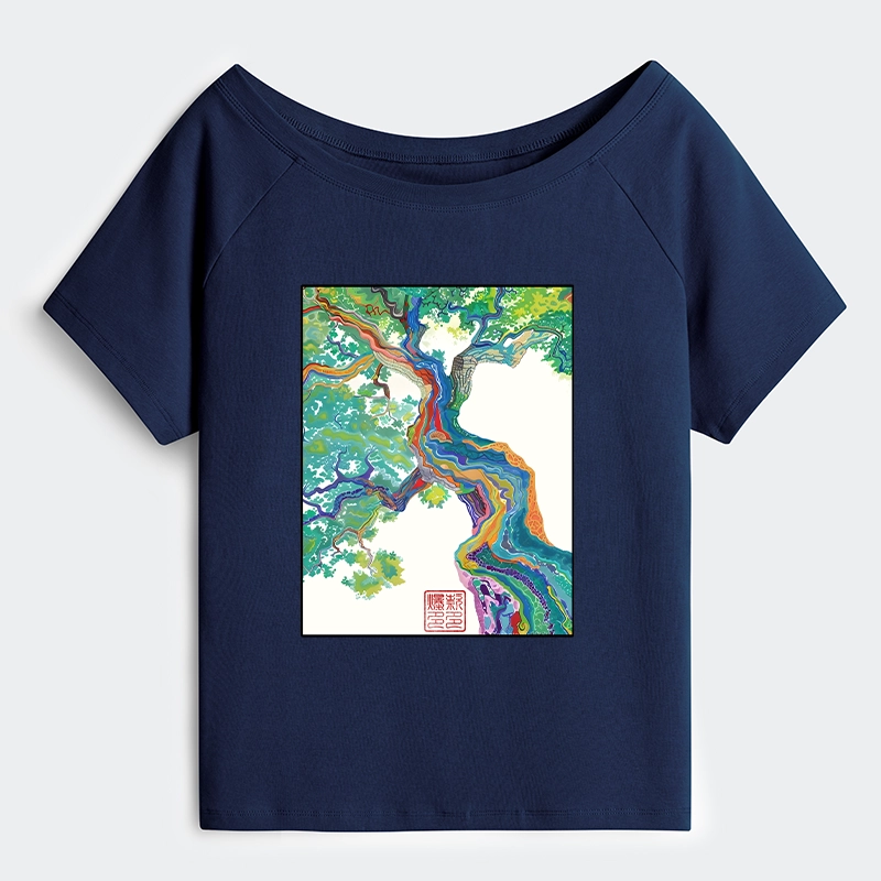 Tokyo-Tiger Colorful Magic Tree Off Shoulder T-Shirt