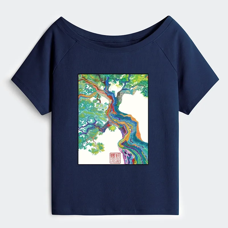 Tokyo-Tiger Colorful Magic Tree Off Shoulder T-Shirt