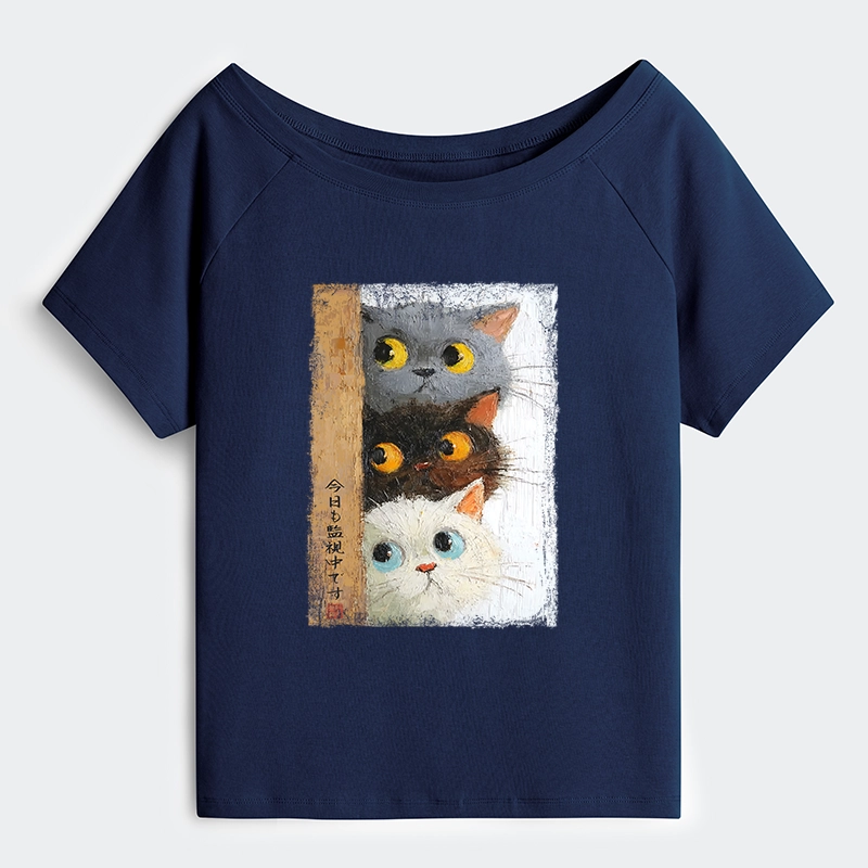 Tokyo-Tiger Three Cute Cats Watch You Off Shoulder T-Shirt