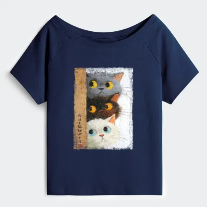 Tokyo-Tiger Three Cute Cats Watch You Off Shoulder T-Shirt