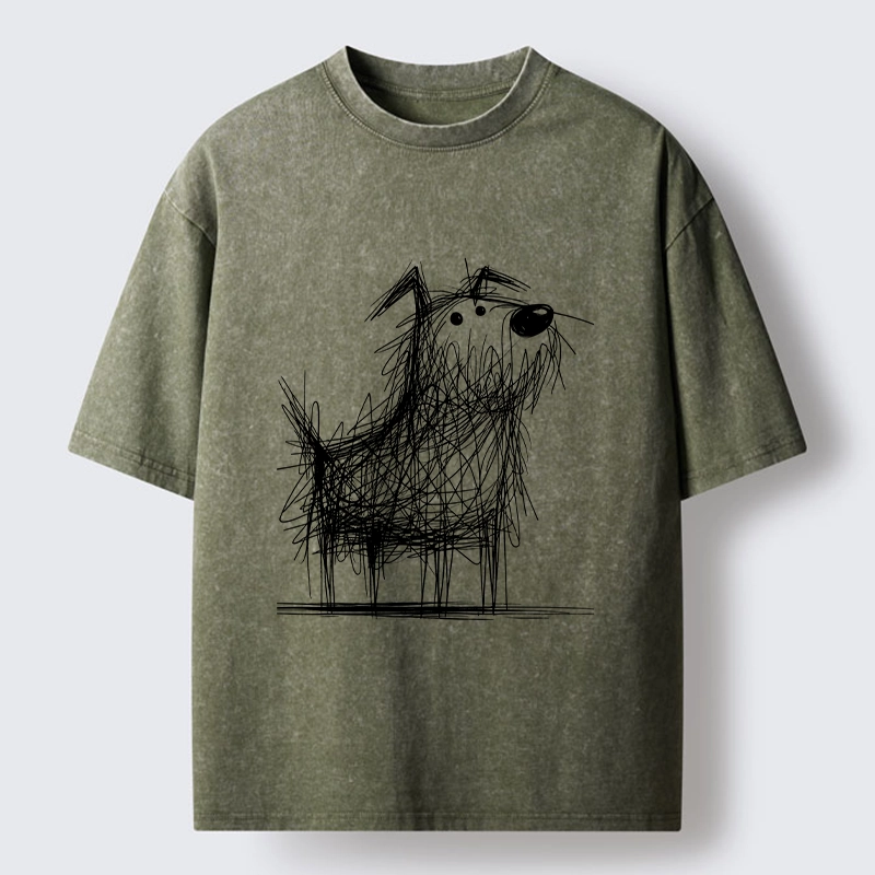 Tokyo-Tiger Cute Scrawled Dog Line Art Washed T-Shirt