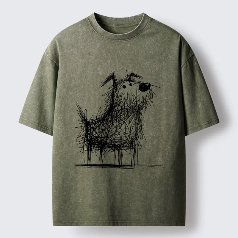 Tokyo-Tiger Cute Scrawled Dog Line Art Washed T-Shirt