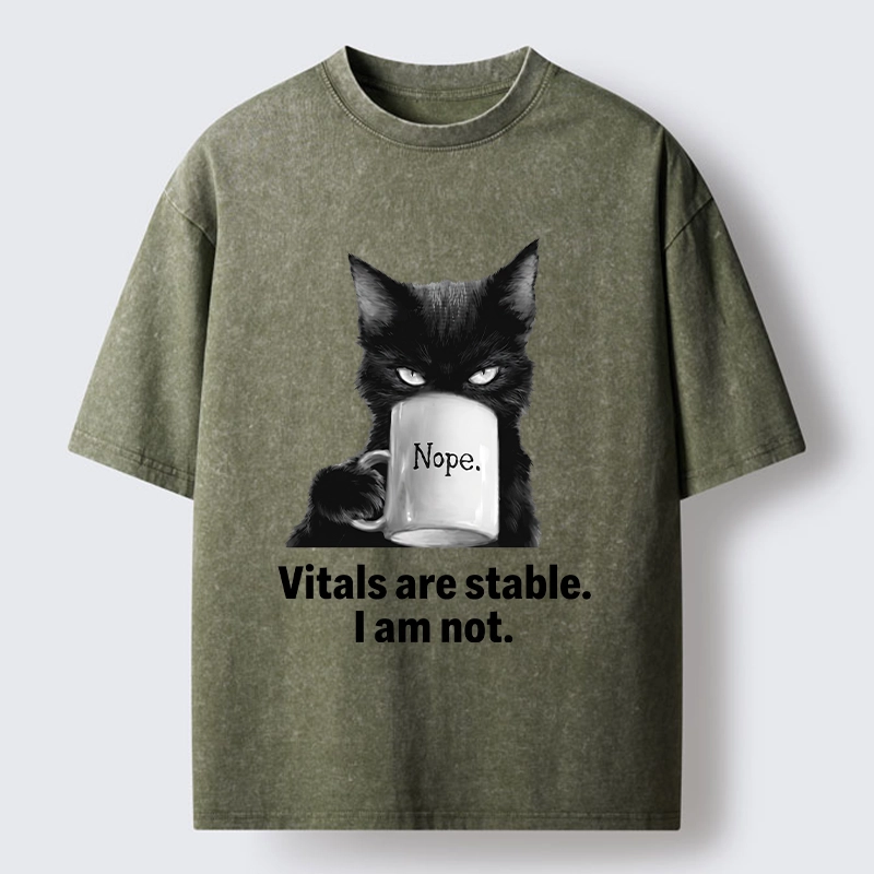 Tokyo-Tiger Grumpy Black Cat Coffee Meme Washed T-Shirt