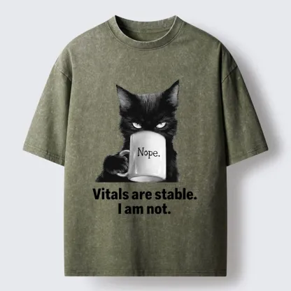 Tokyo-Tiger Grumpy Black Cat Coffee Meme Washed T-Shirt