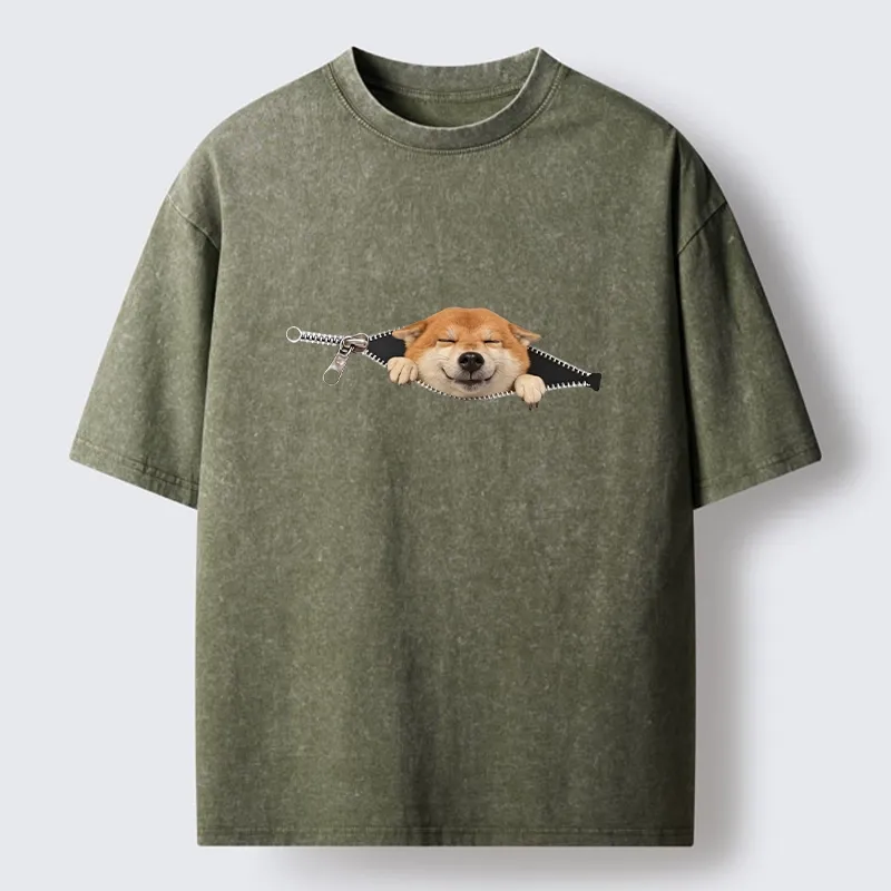 Tokyo-Tiger Cute Shiba Dog In Zipper Washed T-Shirt