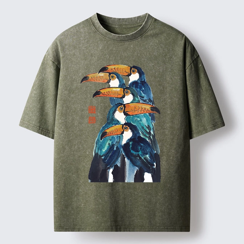 Tokyo-Tiger Blue Toucans Watercolor Washed T-Shirt