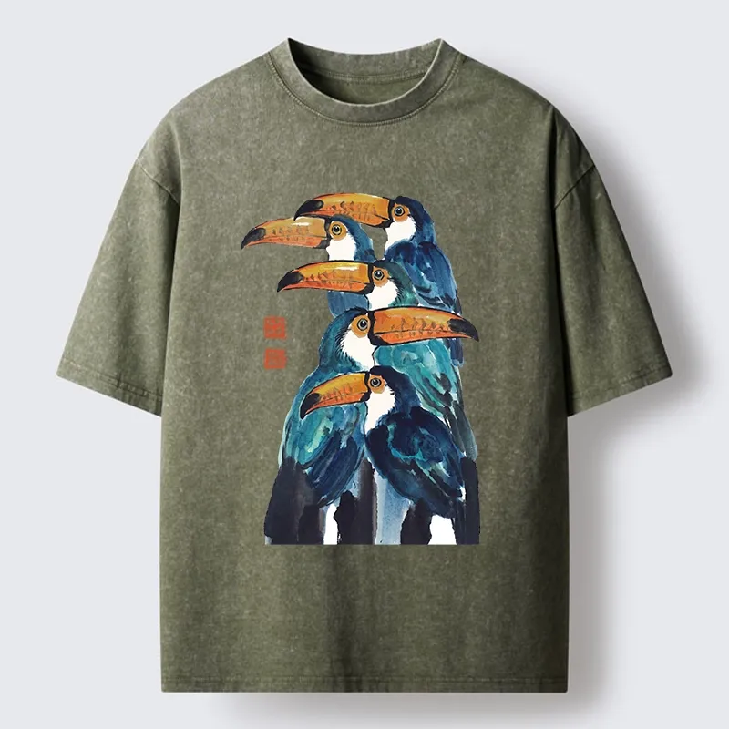 Tokyo-Tiger Blue Toucans Watercolor Washed T-Shirt