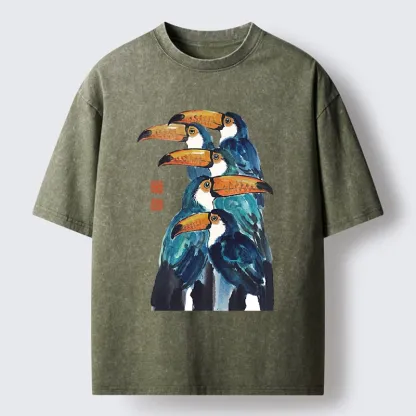 Tokyo-Tiger Blue Toucans Watercolor Washed T-Shirt