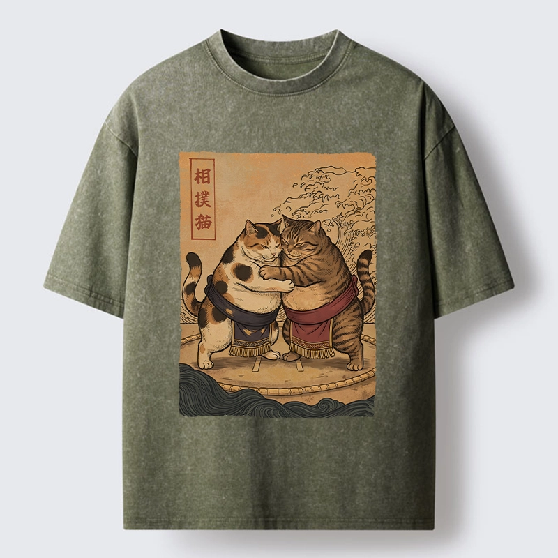 Tokyo-Tiger Sumo Cats Ready To Fight Washed T-Shirt
