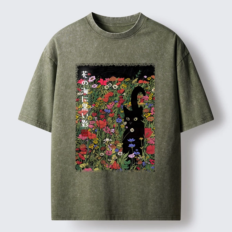 Tokyo-Tiger Black Cat Hiding In Flower Sea Washed T-Shirt