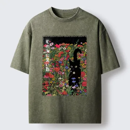 Tokyo-Tiger Black Cat Hiding In Flower Sea Washed T-Shirt