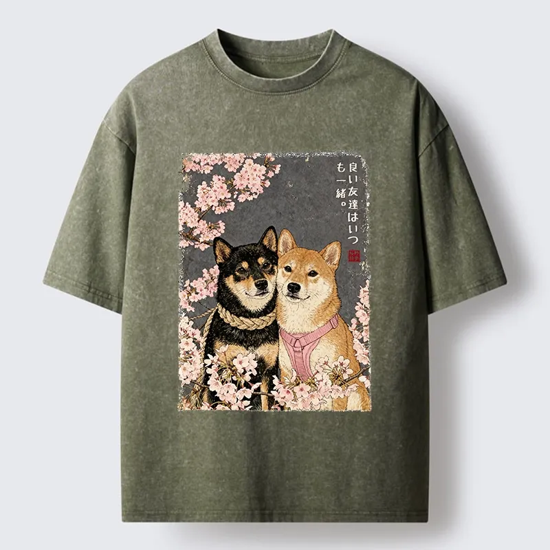 Tokyo-Tiger Two Shibas And Sakura Flowers Washed T-Shirt