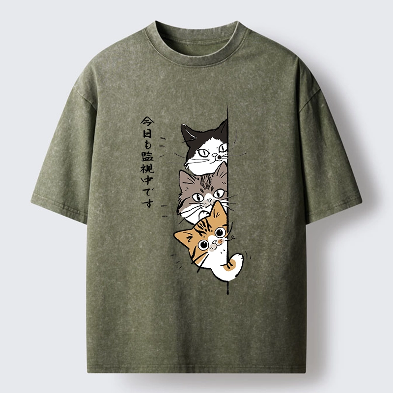 Tokyo-Tiger Funny Cat Surveillance Squad Washed T-Shirt