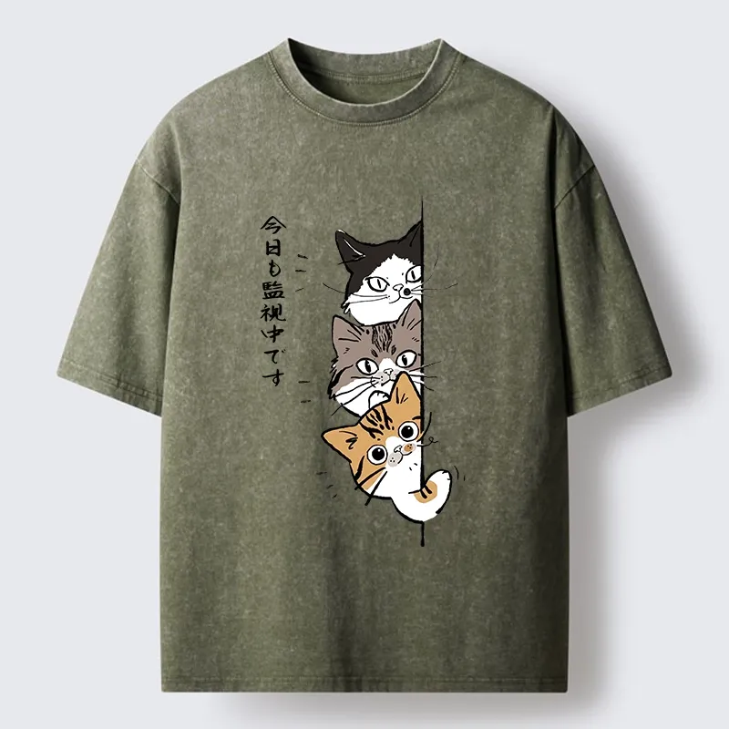 Tokyo-Tiger Funny Cat Surveillance Squad Washed T-Shirt