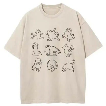 Tokyo-Tiger Cat Pose Yoga Washed T-Shirt