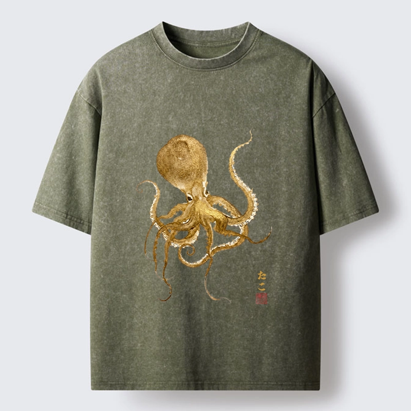 Tokyo-Tiger Japanese Style Octopus Painting Washed T-Shirt